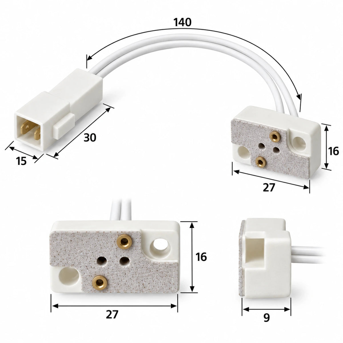 Maßzeichnung der rechteckigen Kombifassung G4 GX5.3 GY6.35 mit 27 x 16 x 9 mm und 14 cm Anschlusskabel