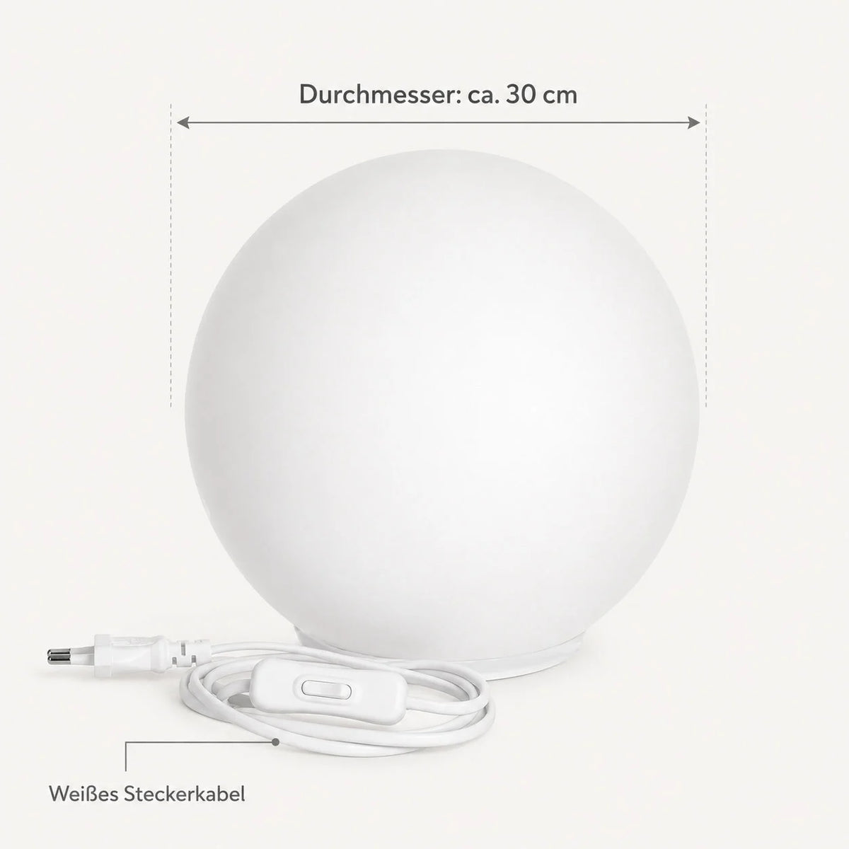 Tischlampe Kugel Glas weiß 30cm Durchmesser Tischlampe mit Steckerkabel und Schalter wofi point