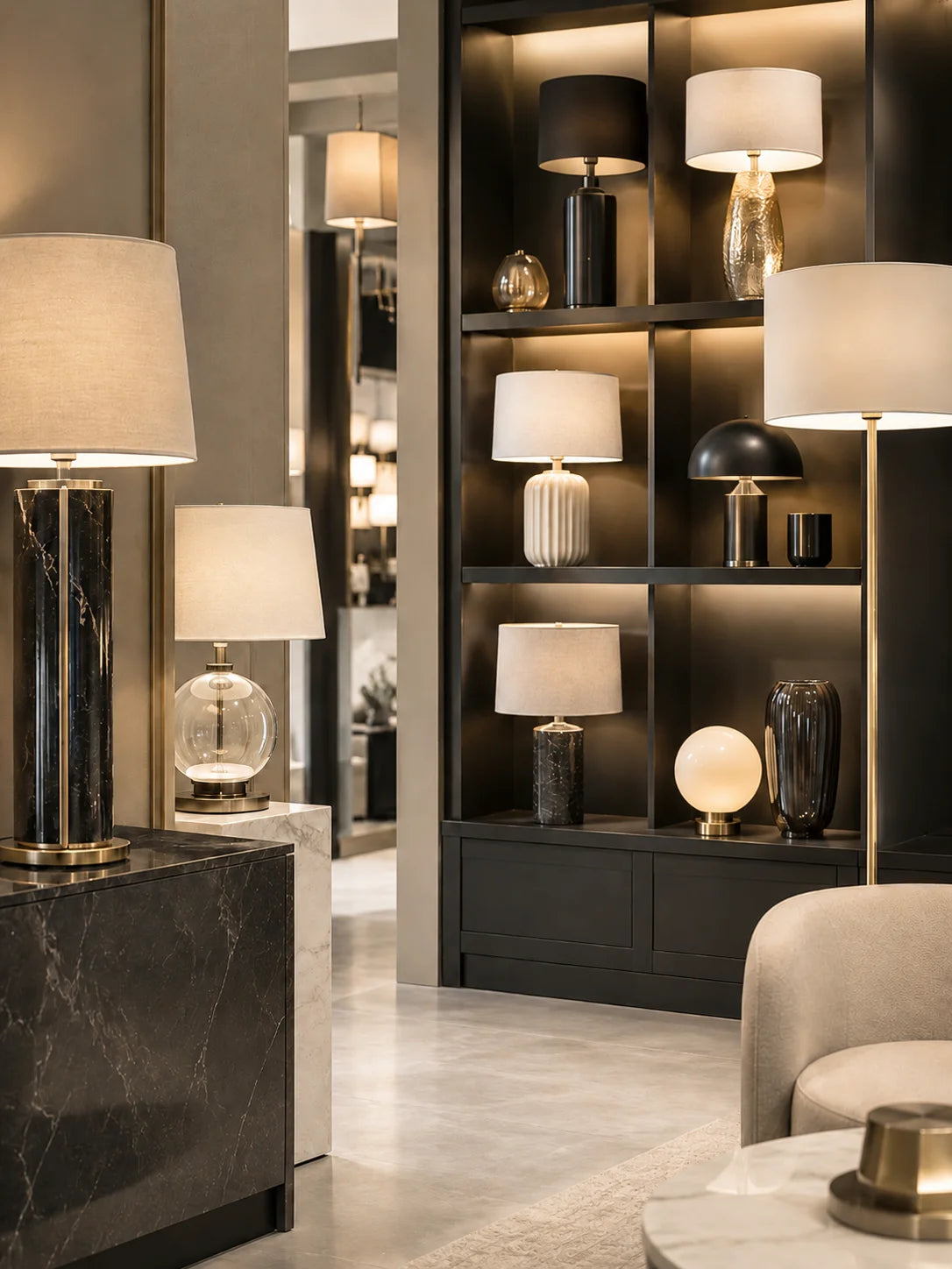 Luxus Lampen Fachhandel mit eleganten Tischlampen, schwarzen Regalen, beigen Lampenschirmen und warmem Licht im modernen Showroom