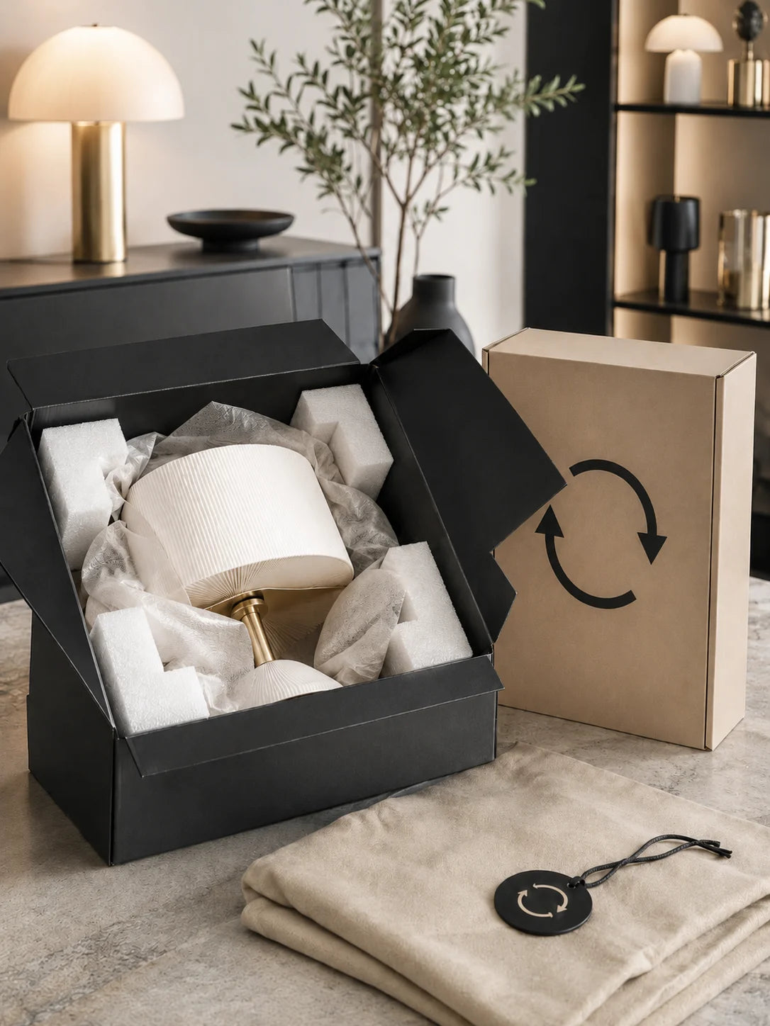 Sicher verpackte Lampe für Versand und Rückgabe im Online Shop mit hochwertiger Verpackung und Rückgabe Symbol