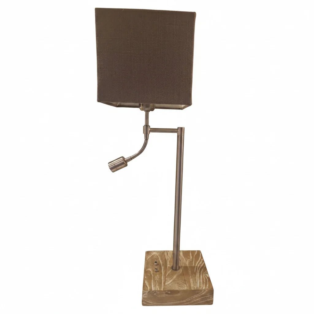 Design Lampenfuß Tischlampe mit Lesearm  rustikales Holz mit 2 Schaltern