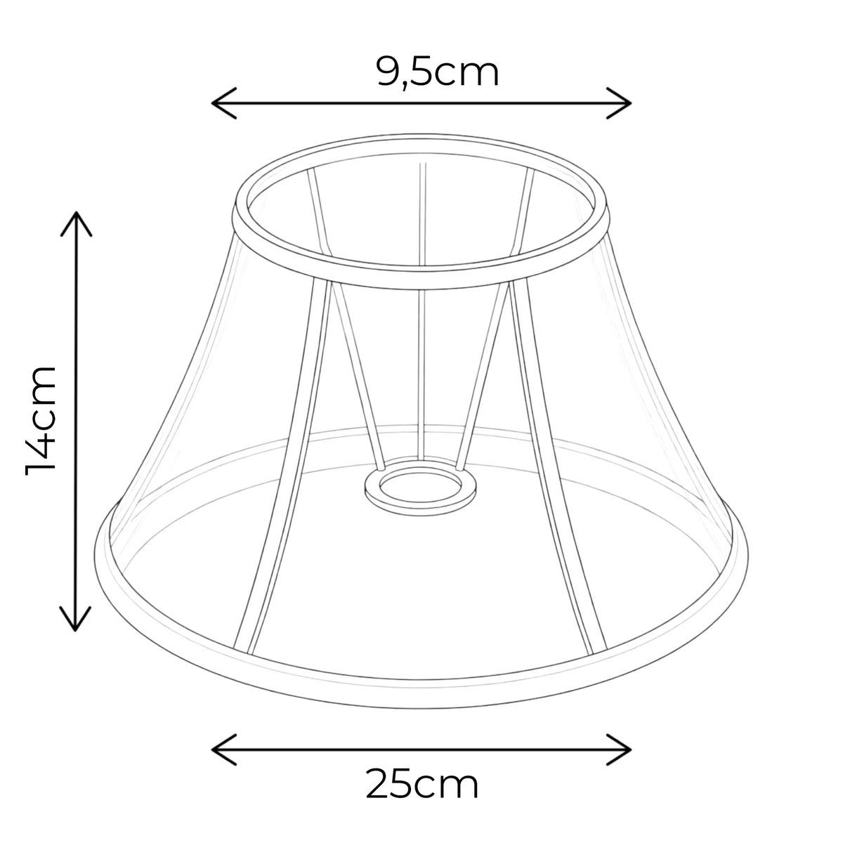 Maßgrafik des konischen Lampenschirms mit Blumenmuster, 13 cm hoch, 9 cm oben und 25 cm unten