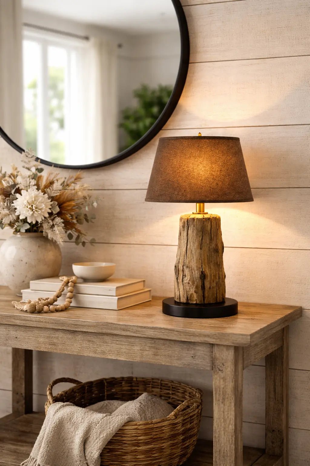 Brauner Lampenschirm aus echtem Leinen auf rustikalem Lampenfuß aus Holz auf einer Holzkonsole, stimmungsvolles Wohnbild mit warmer Ausstrahlung, Light & Living, Artikelnummer 32435-1781