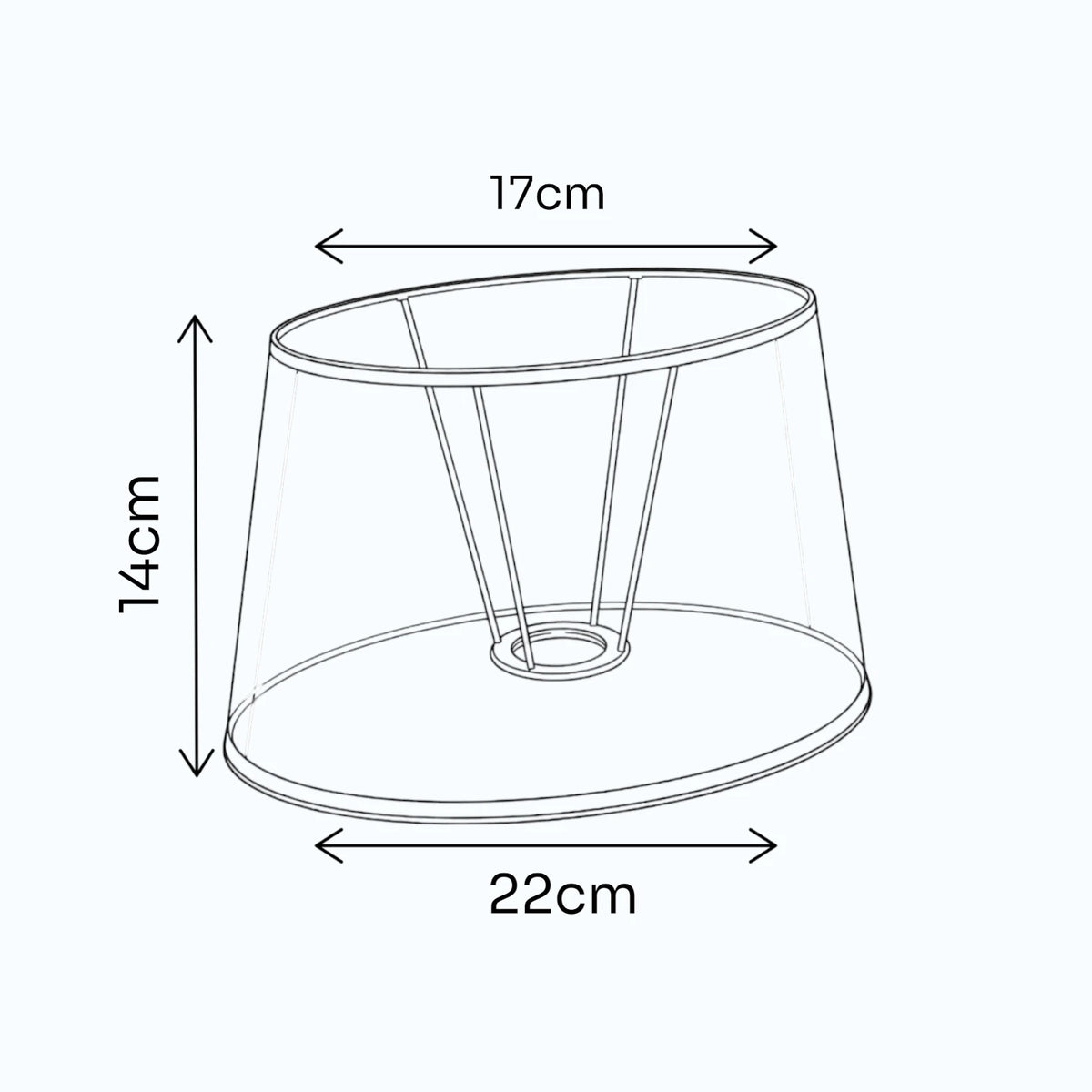 aßgrafik des ovalen Lampenschirms mit 22 cm unten, 17 cm oben und 14 cm Höhe