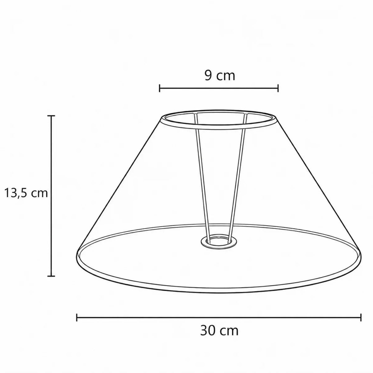 Maßgrafik des konischen Lampenschirms mit 13,5 cm Höhe, 9 cm oberem Durchmesser und 30 cm unterem Durchmesser