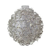 Klares Kugelglas mit Glashals und silberfarbener Aluminiumdraht-Umwicklung, 8 cm Durchmesser und 11 mm Aufnahmeöffnung
