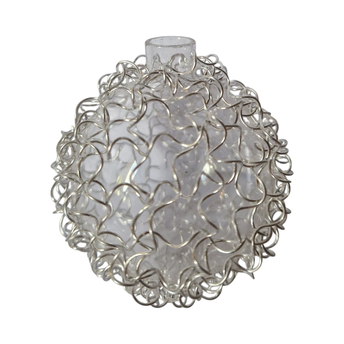 Klares Kugelglas mit Glashals und silberfarbener Aluminiumdraht-Umwicklung, 8 cm Durchmesser und 11 mm Aufnahmeöffnung