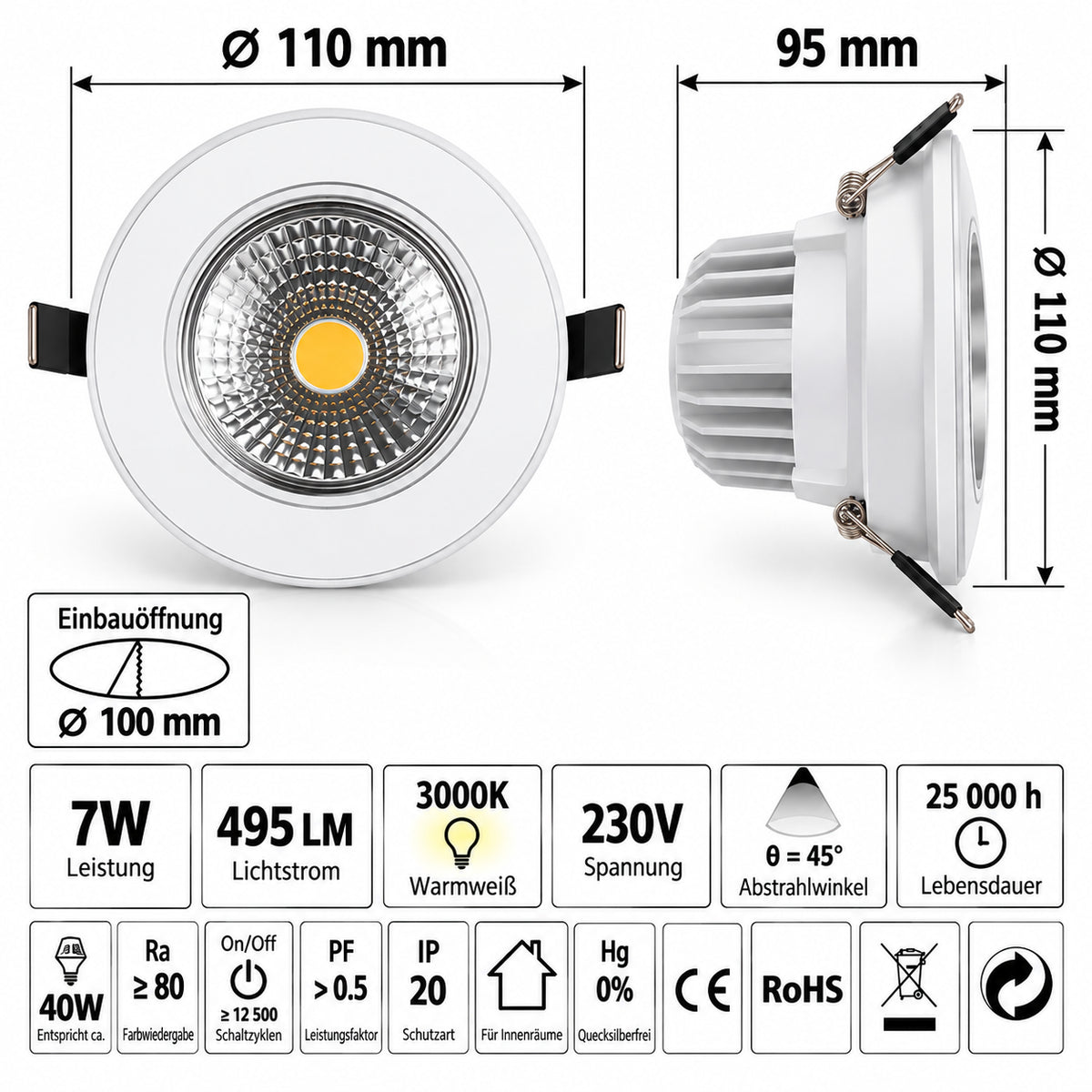 Aigostar LED Einbaustrahler mit Ø 110 mm und 100 mm Einbauöffnung