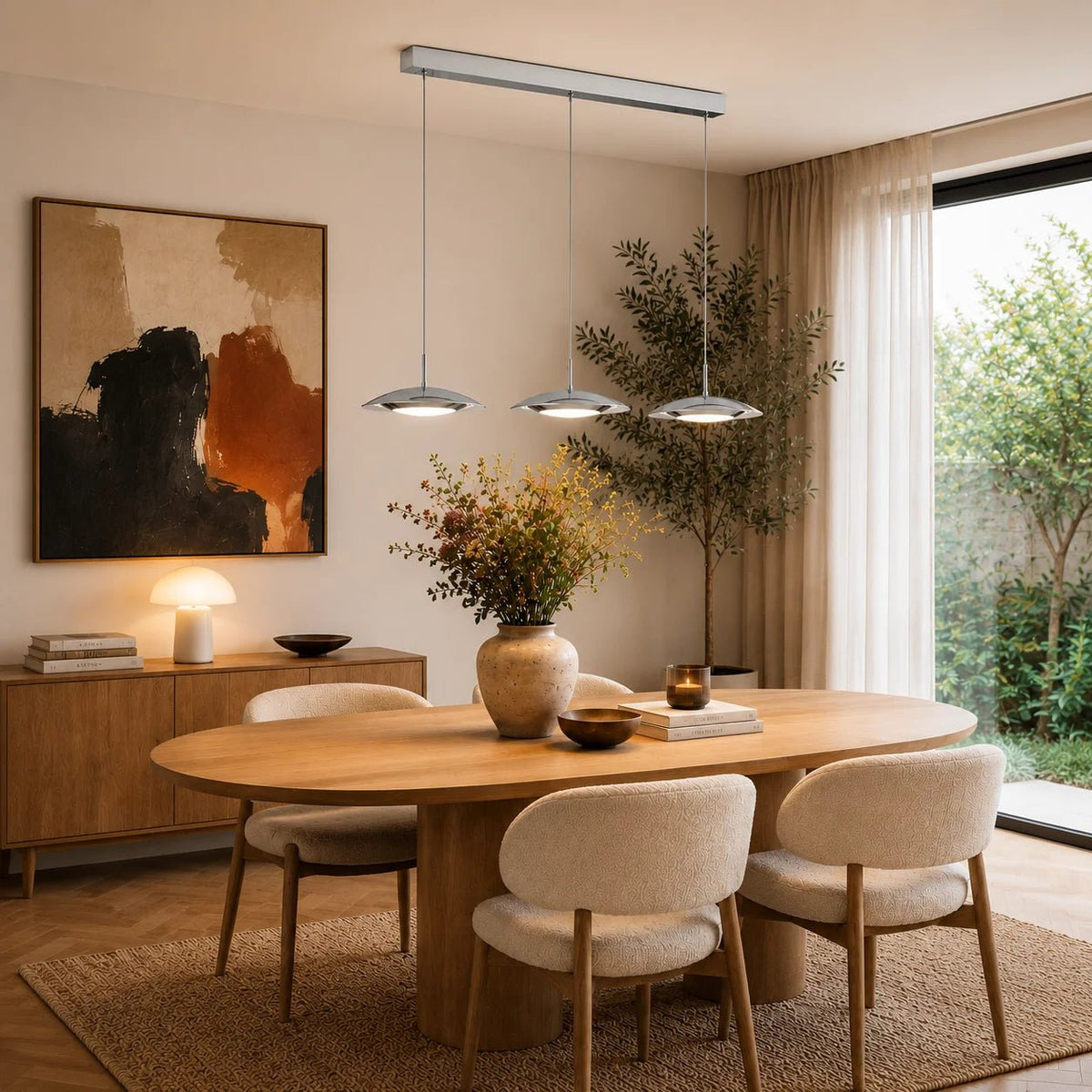 LED-Esstischlampe KLARO 3-flammig in Silber matt über einem modernen Holzesstisch_ SW13344