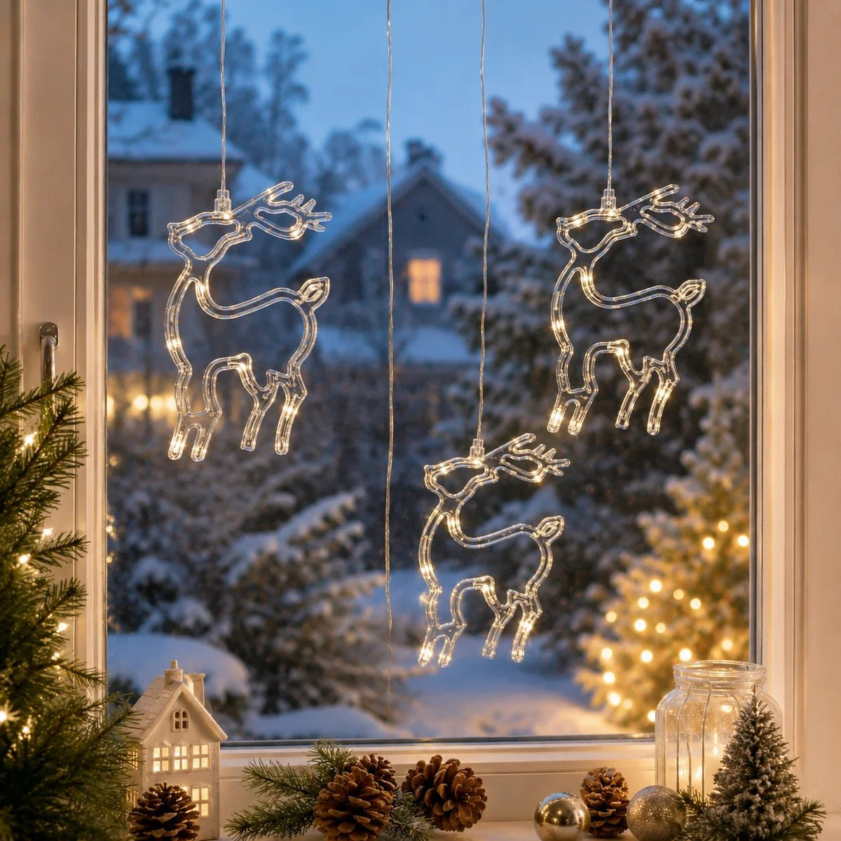 Leuchtende LED Fensterdeko Rentier Hirsch aus klarem Kunststoff vor einer winterlichen Schneelandschaft.