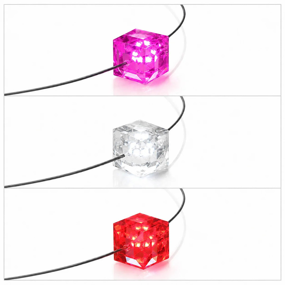 Firejewel LED Halsketten Cube in Weiß, Rot und Pink auf weißem Hintergrund