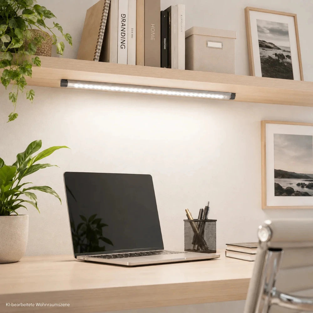LED Lichtleiste 30 cm unter einem Regal im Arbeitszimmer zur gleichmäßigen Beleuchtung des Schreibtischs