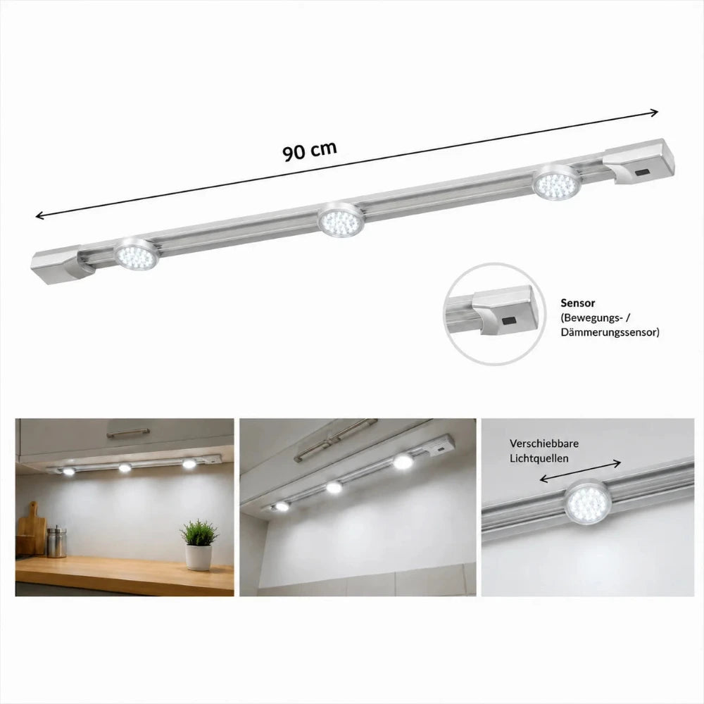 Silberne LED Lichtleiste Lightracer 90 cm mit Sensor und drei verschiebbaren Spots mit Masse.