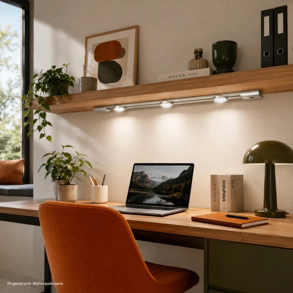 LED Lichtleiste Lightracer 90 cm mit Sensor und verschiebbaren Spots unter einem Holzregal im modernen Arbeitszimmer montiert.