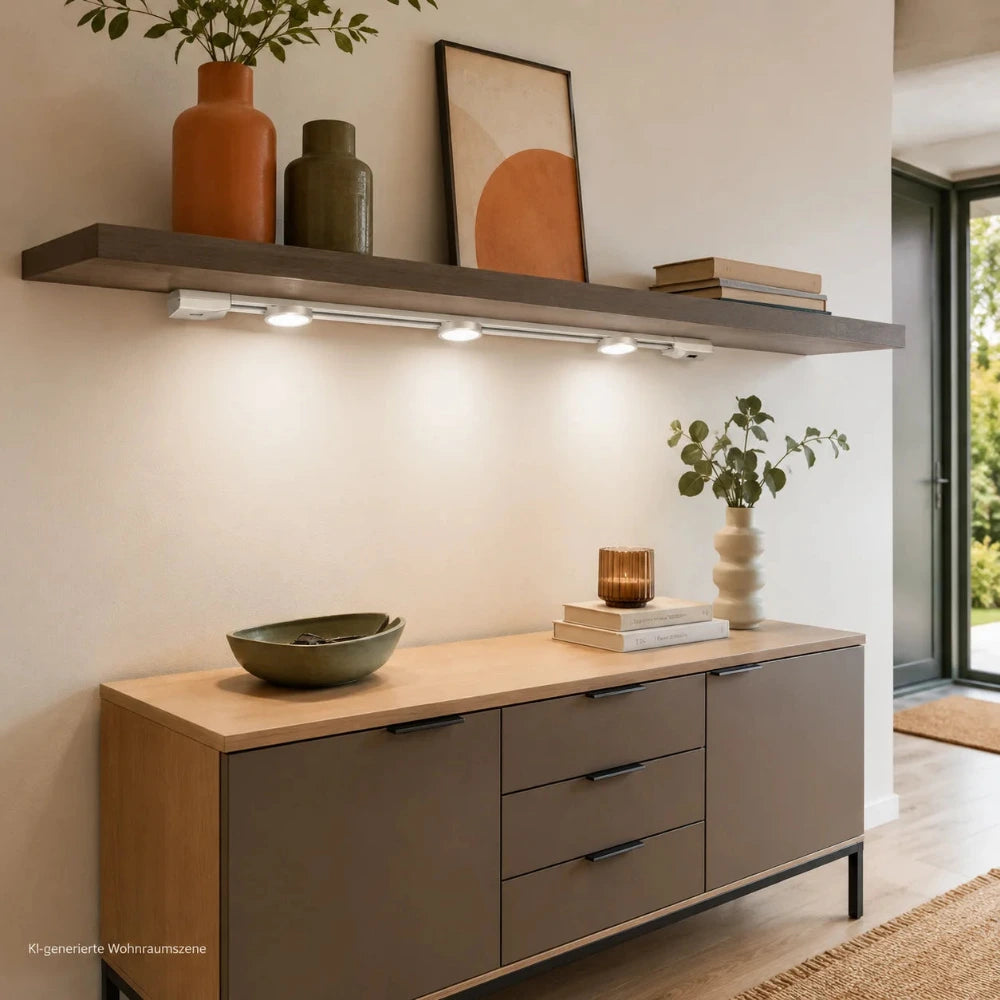 Silberne LED Lichtleiste Lightracer 90 cm mit Sensor und drei verschiebbaren Spots unter einem Wandregal im modernen Flur.