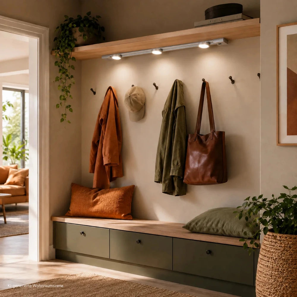LED Lichtleiste Lightracer 90 cm mit Sensor und verschiebbaren Spots mittig unter einem Holzregal in einer modernen Flurgarderobe.