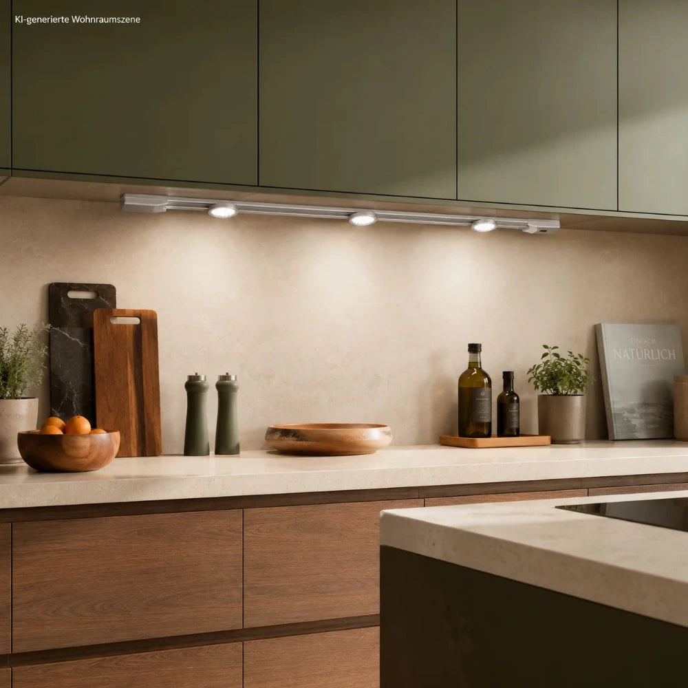 Silberne LED Lichtleiste Lightracer 90 cm mit Sensor und drei verschiebbaren Spots unter Hängeschränken in einer modernen Küche.