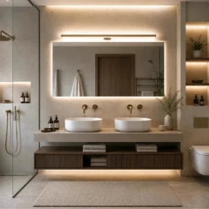 Modernes Badezimmer mit LED-Spiegelleuchte, beleuchtetem Wandspiegel, Doppelwaschbecken und warmem Licht