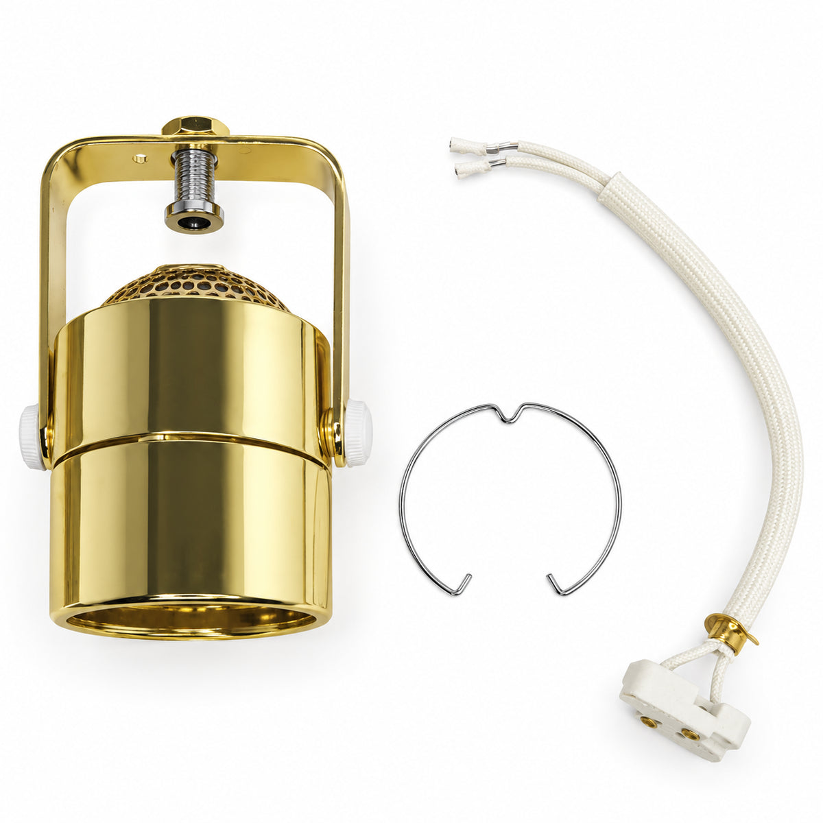 Goldener Leuchtenkopf für MR16 GU5.3 mit Anschlussleitung, Keramikfassung und separatem Sprengring