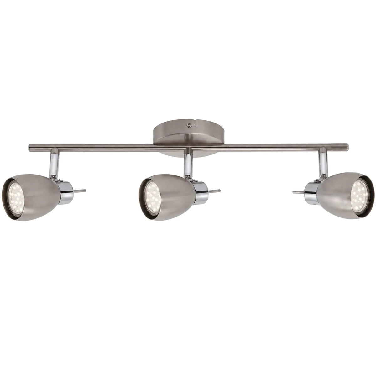 Briloner TWO LED-Spotbalken in Nickel matt mit drei schwenkbaren GU10-Spots in frontaler Ansicht, SW15066