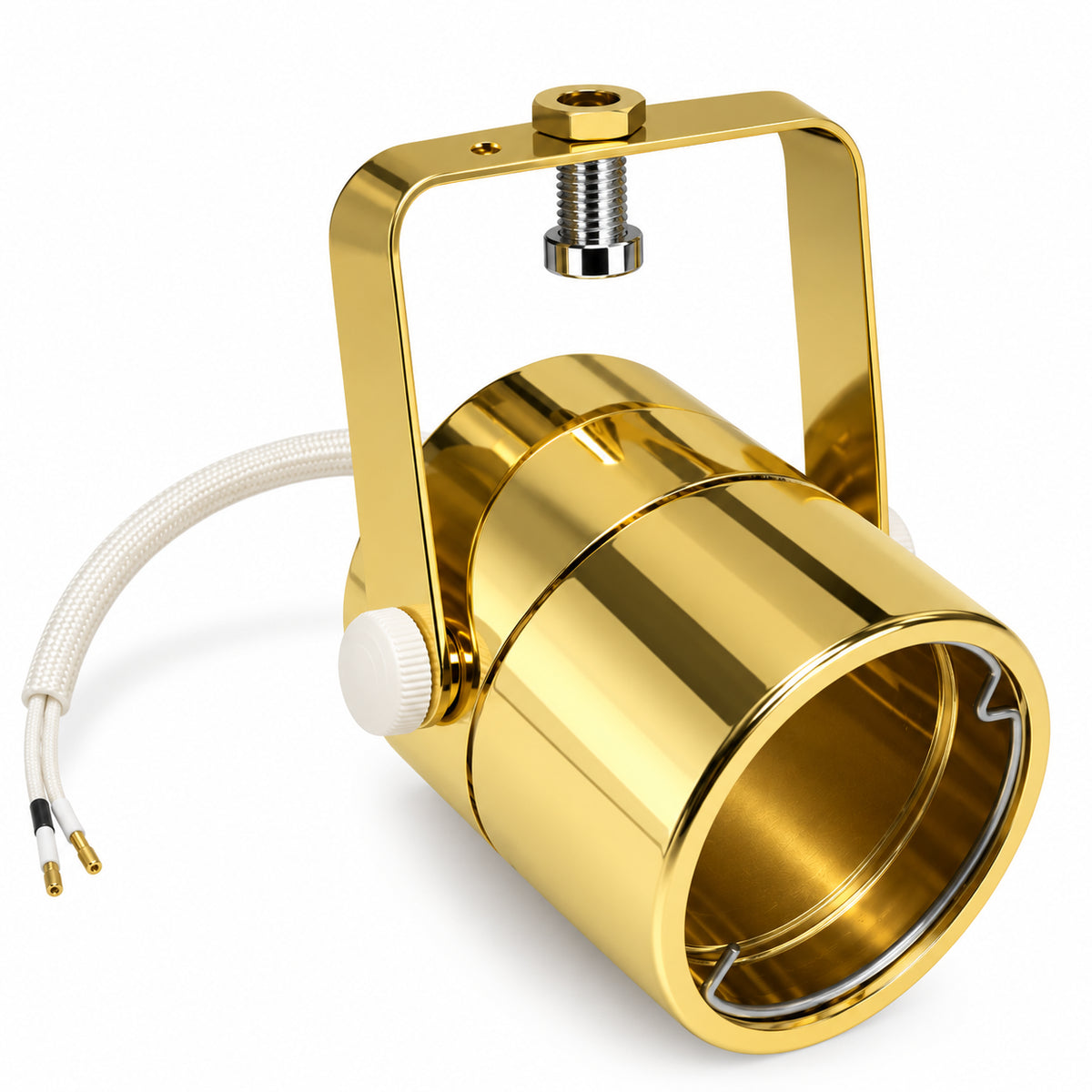 Gold glänzender MR16 Leuchtenkopf mit GU5.3-Fassung, schwenkbarem Haltebügel und weißem Anschlusskabel