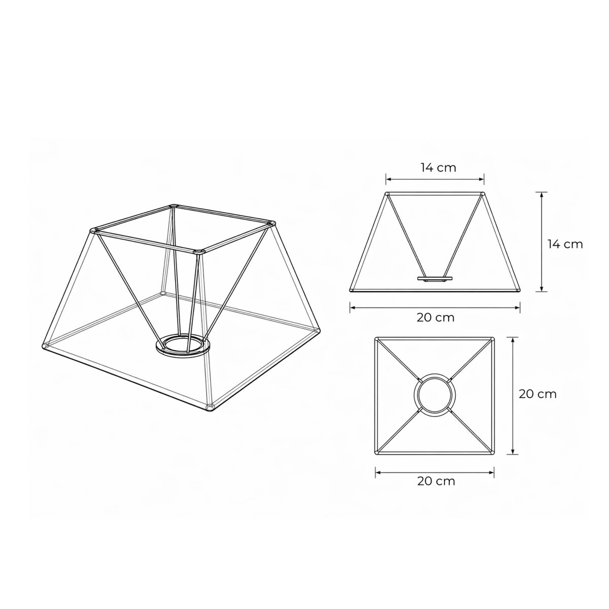 Technische Zeichnung eines quadratischen Lampenschirms in konischer Form mit E27 Halterung, Maße 14 x 20 cm – Light & Living
