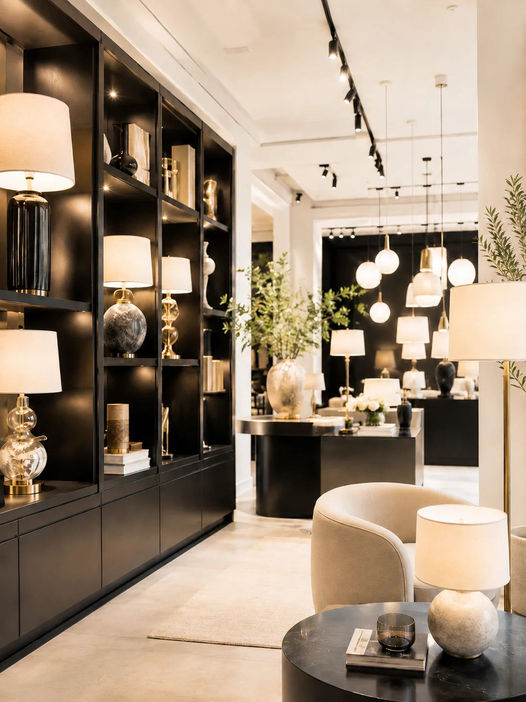 Moderner Luxus Lampen Showroom mit Tischlampen, Pendelleuchten, Stehlampen und eleganter Einrichtung in Schwarz Beige