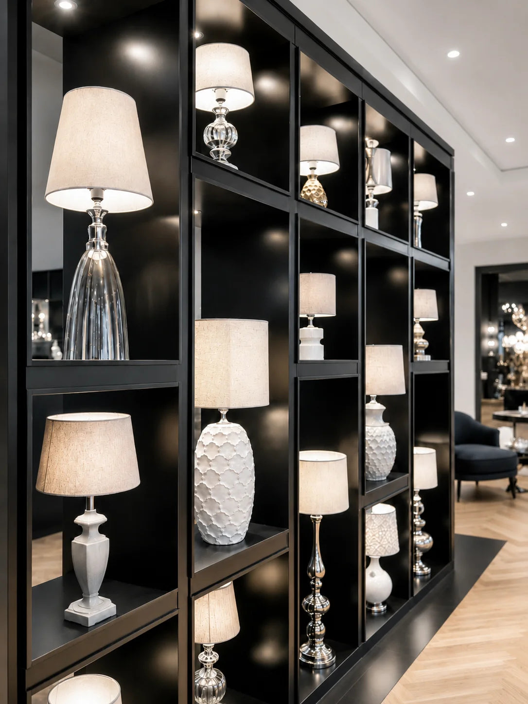 Eleganter Luxus Lampen Showroom mit beleuchteten Tischlampen, schwarzen Regalen und modernen Lampenschirmen für hochwertige Wohnraumbeleuchtung