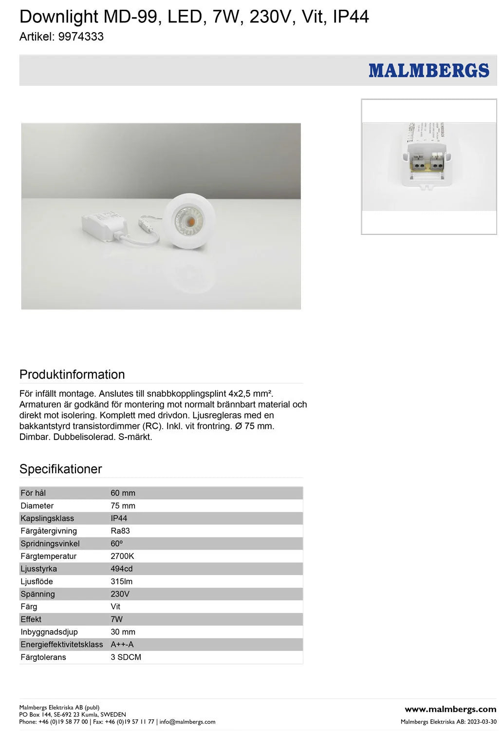 Produktinformationen des Malmbergs MD-99 Einbaustrahlers