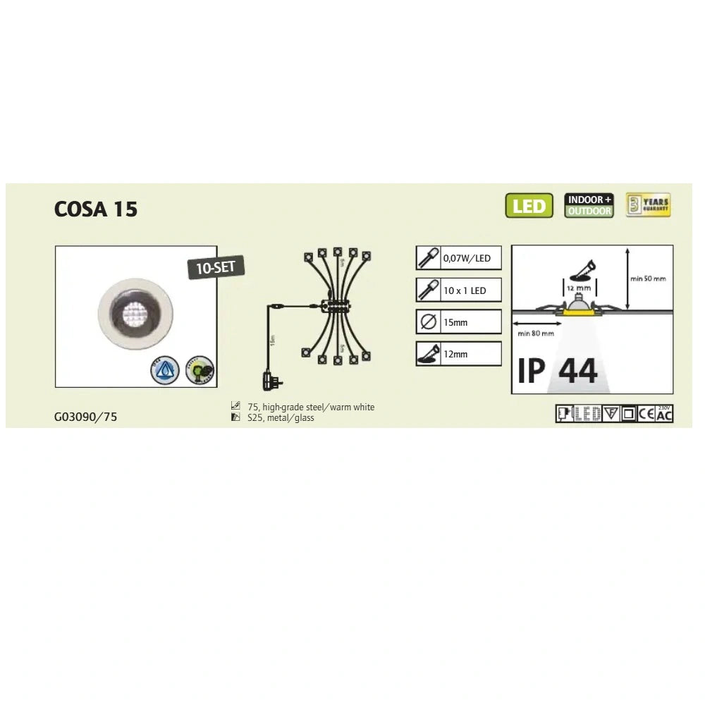 10 Mini LED Einbauleuchten mit Kabelbaum, Steckverbindungen und Netzstecker – Brilliant Cosa 15