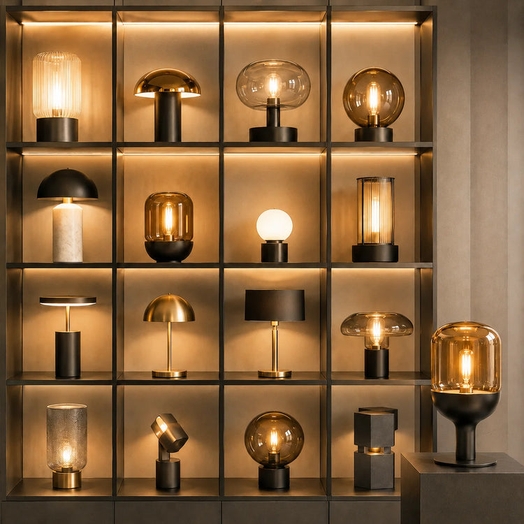 Moderne Lampen im beleuchteten Showroom Regal, hochwertige Designer Leuchten mit warmem Licht in Schwarz und Gold zum fairen Preis