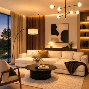 Modernes Wohnzimmer mit Bogenstehlampe, Tischlampe und mehrarmigem Kronleuchter in warmer Lichtstimmung.