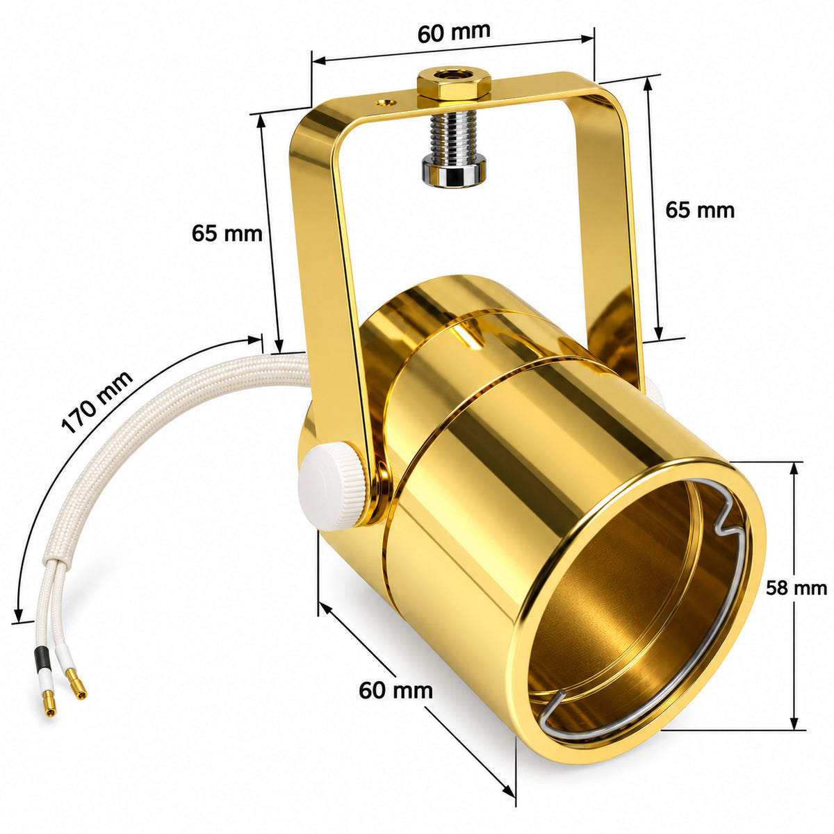 Maßzeichnung des MR16 Leuchtenkopfes in Gold mit 58 mm Durchmesser, 60 mm Gehäuselänge und 170 mm Kabel