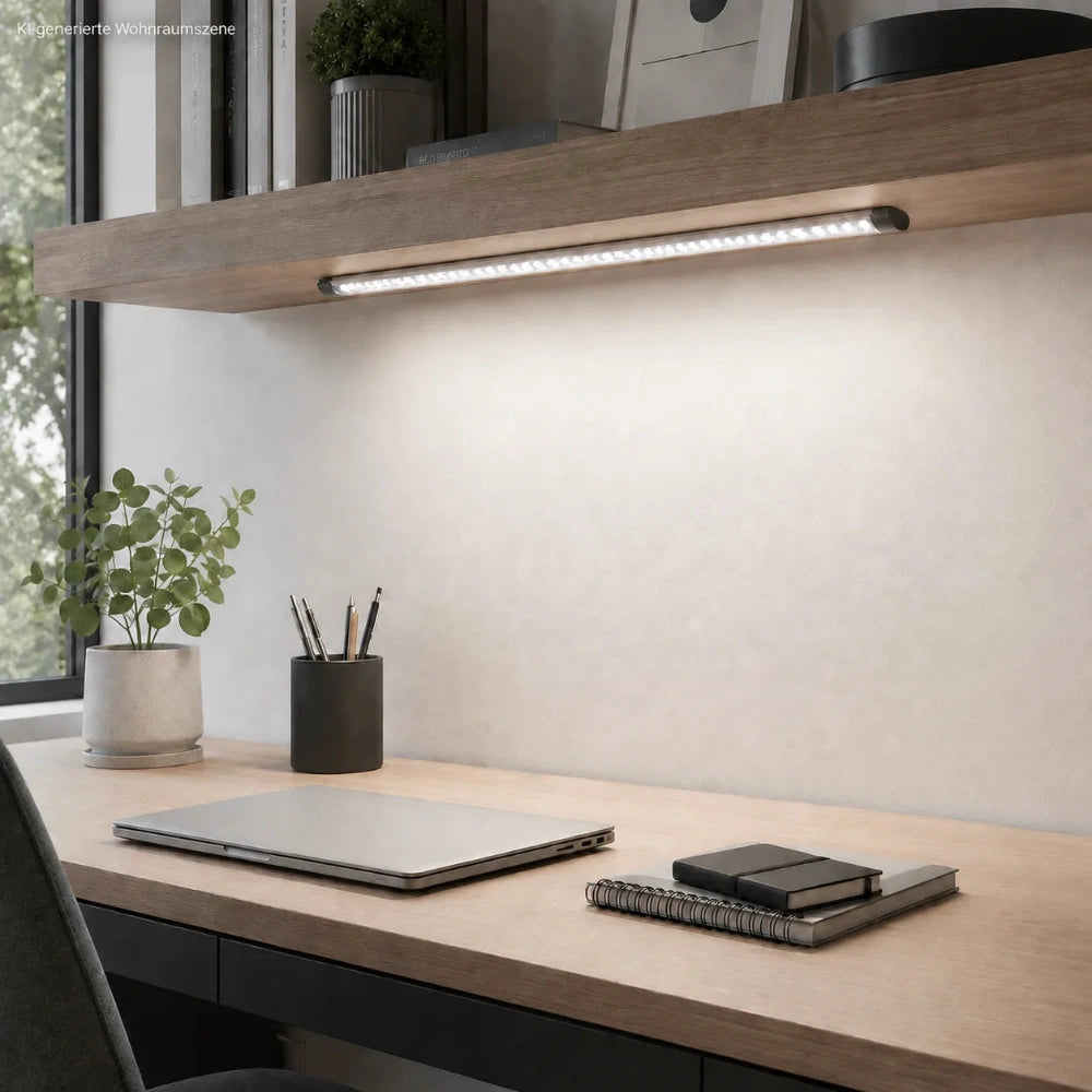 Olbia LED Lichtleiste 7 W, 50 cm, eingeschaltet unter einem Regal in einem modernen Arbeitszimmer montiert und beleuchtet den Schreibtisch in neutralweiß.