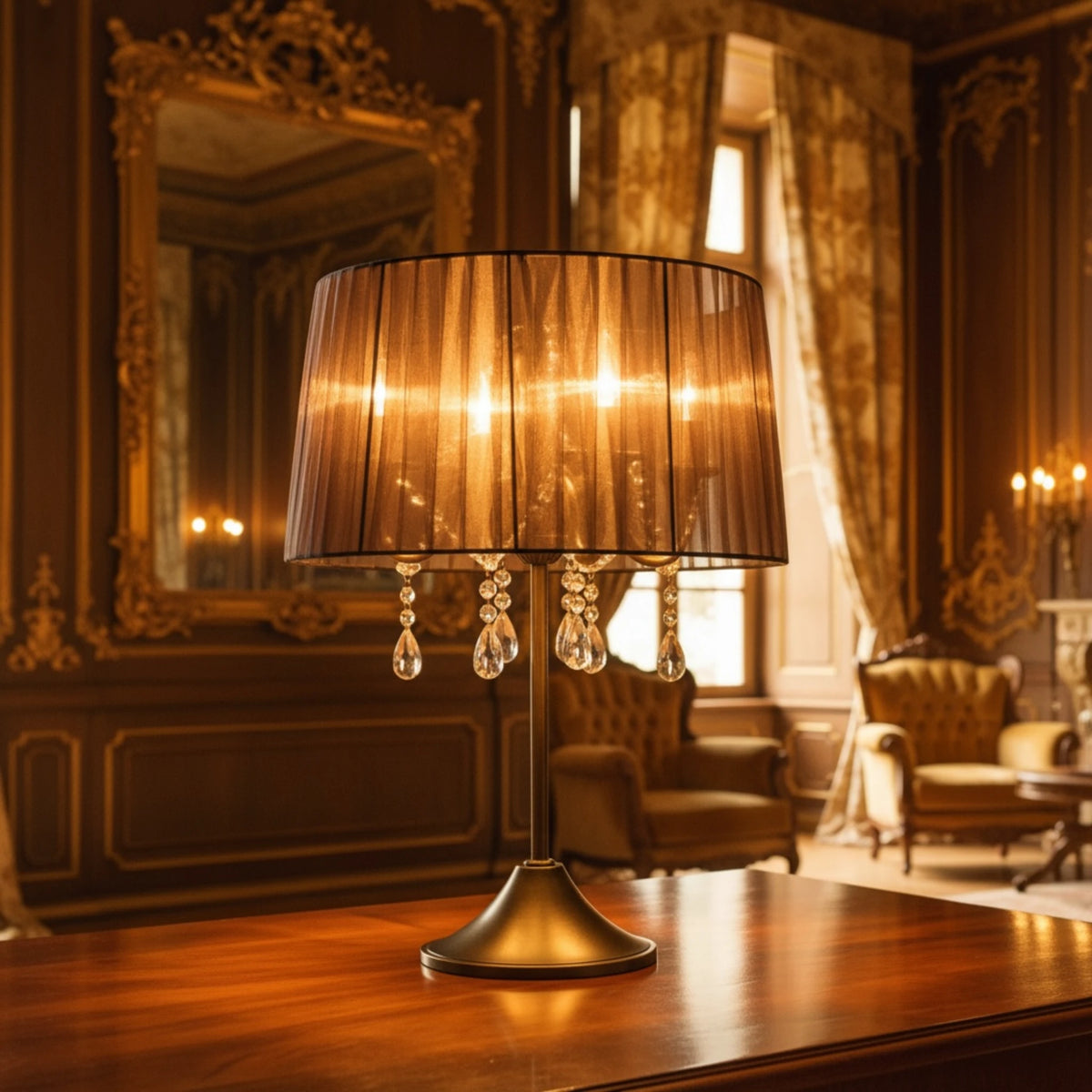 Organza Tischlampe in Bronze mit braunem Organza-Schirm und dekorativen Kristallanhängern
