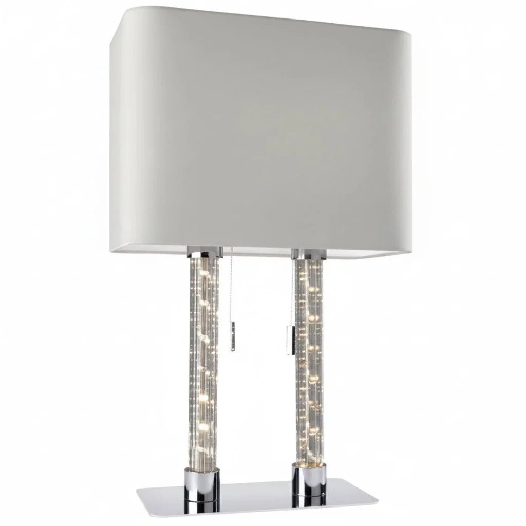 Ovale Tischleuchte mit LED Lichtsäule Double Stoff hell grau Tischlampe