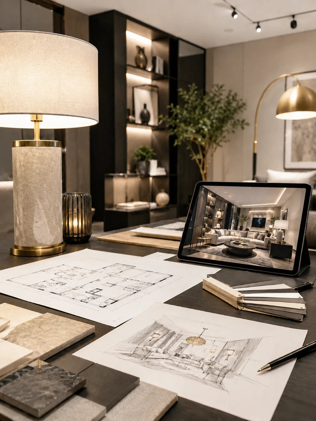 Professionelle Lichtplanung für moderne Wohnräume mit Tischlampe, Grundriss, Interior Design Konzept und warmem Lampenlicht