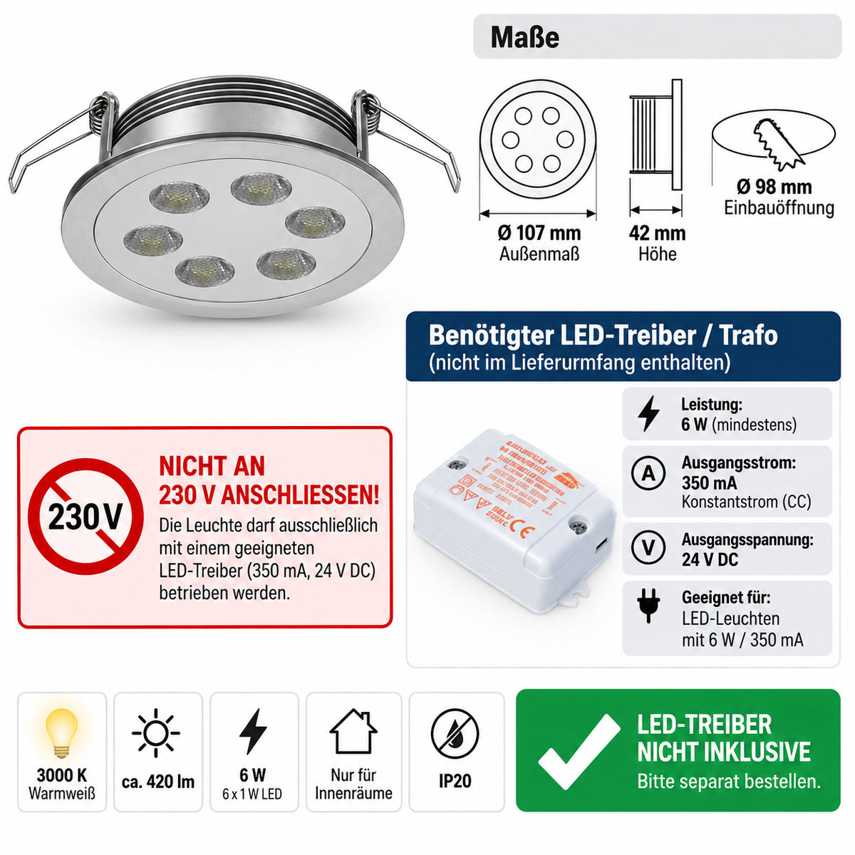 RELCO Cadice Fix 90.010/012 LED Einbauspot – Maße Ø 107 mm, Einbauöffnung Ø 98 mm, Höhe 42 mm und benötigter 350 mA LED-Treiber