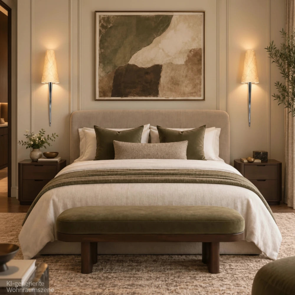 Zwei RELCO DAMA S Wandleuchten in Chrom mit hellem Kunststoffschirm als Wandbeleuchtung neben einem modernen Bett.