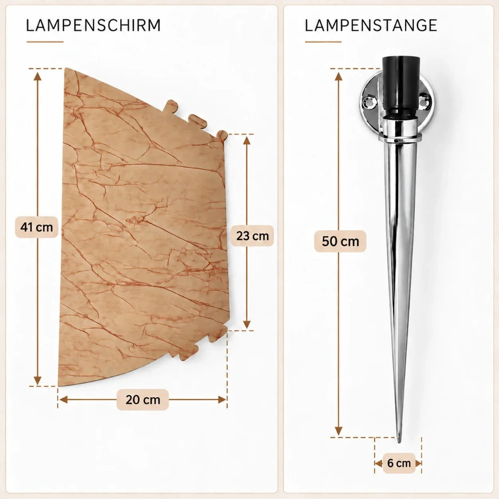 Maßdarstellung der RELCO DAMA S Wandleuchte mit faltbarem Kunststoffschirm, 41 cm und 23 cm Höhe sowie 20 cm Breite, daneben die Chrom-Lampenstange mit 50 cm Länge und 6 cm Breite.