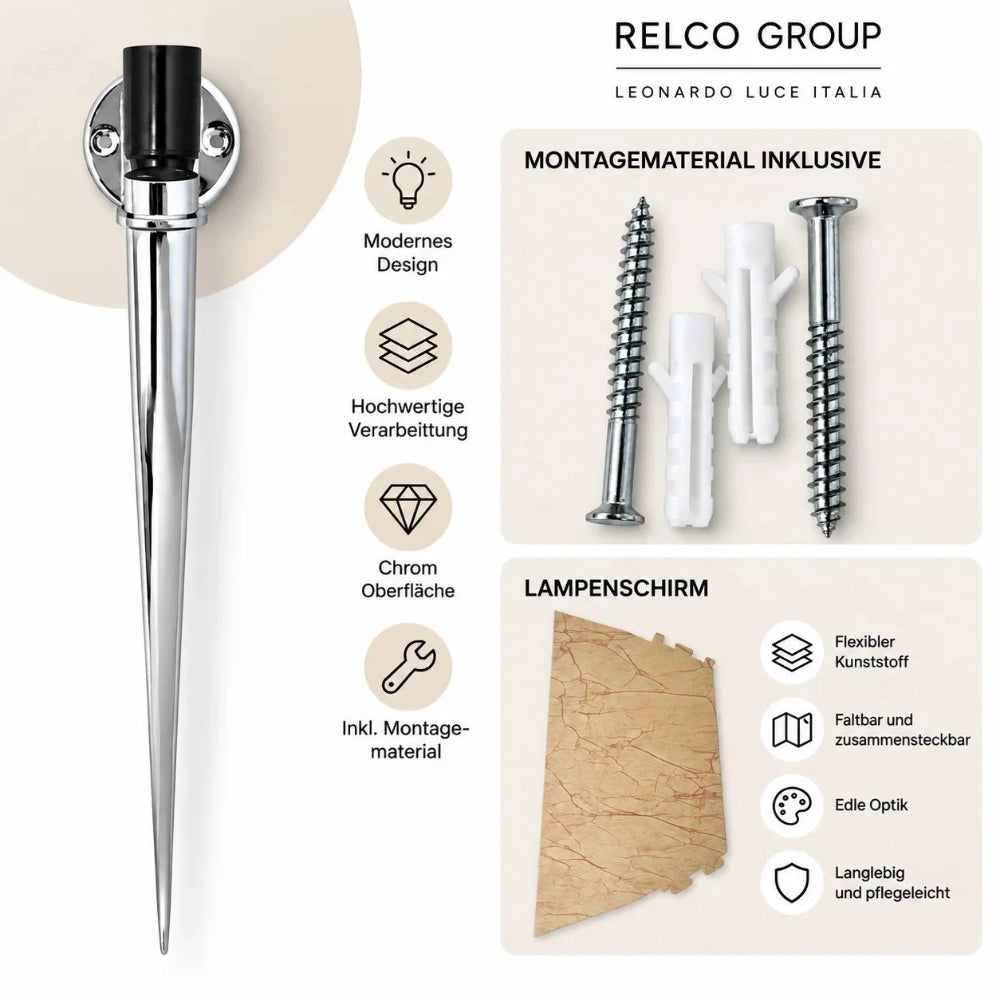 RELCO DAMA S Wandleuchte mit Chromoberfläche, flexiblem Kunststoffschirm und abgebildetem Montagematerial für die Wandbefestigung.