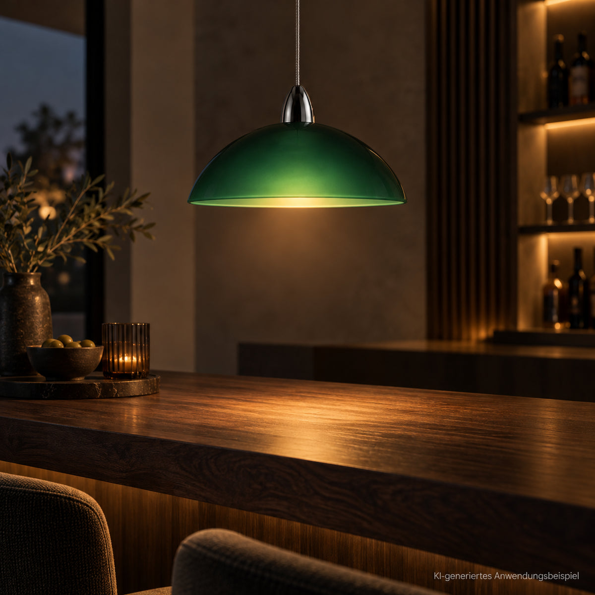 BRUCK SINA Pendelleuchte mit leuchtendem dunkelgrünem Glasschirm über moderner Holzbar mit warmweißer Beleuchtung, KI-generiertes Anwendungsbeispiel