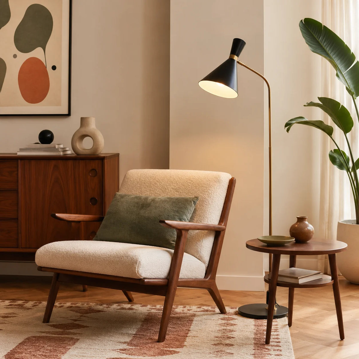 Retro Stehlampe in Schwarz und Gold auf Holzkommode, stilvolle Beleuchtung für Wohnzimmer im Mid Century Design