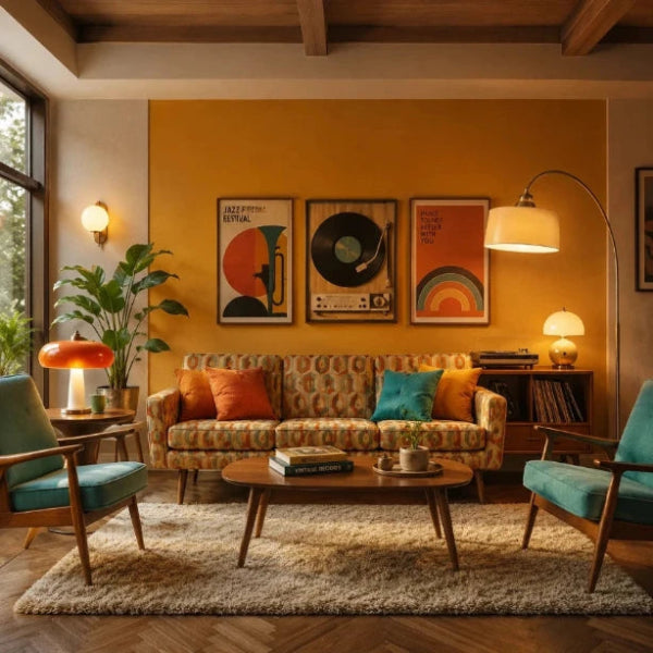 Retro-Wohnzimmer im Mid-Century-Stil mit Stehlampe, Tischlampen, Wandleuchte und orangefarbener Akzentwand.