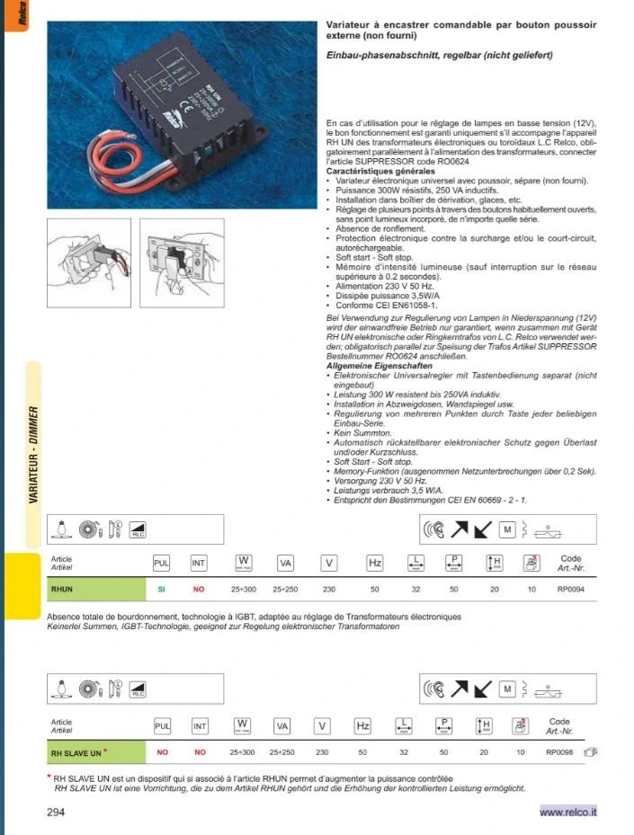 Relco RHUN Dimmer RP0094 – Einbau Dimm-Modul 25–300W 230V anleitung