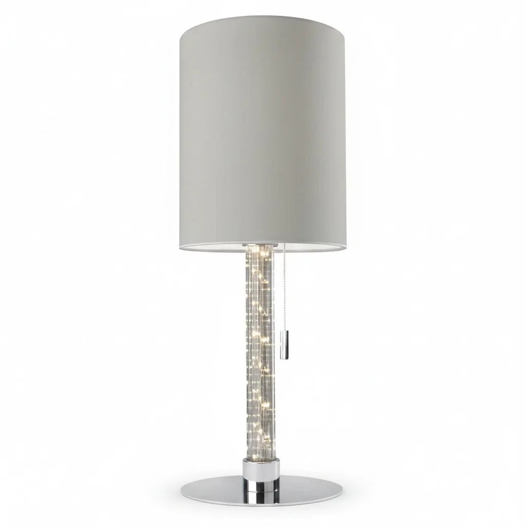 Runde Tischleuchte mit LED Lichtsäule Single Stoff hell grau Tischlampe