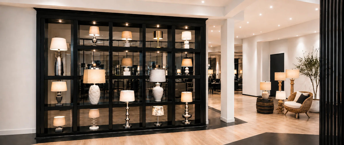 Video laden: Eleganter Saasil Lampen Showroom mit beleuchteten Tischlampen, modernen Lampenschirmen und luxuriöser schwarzer Regalwand in warmen Wohnambiente