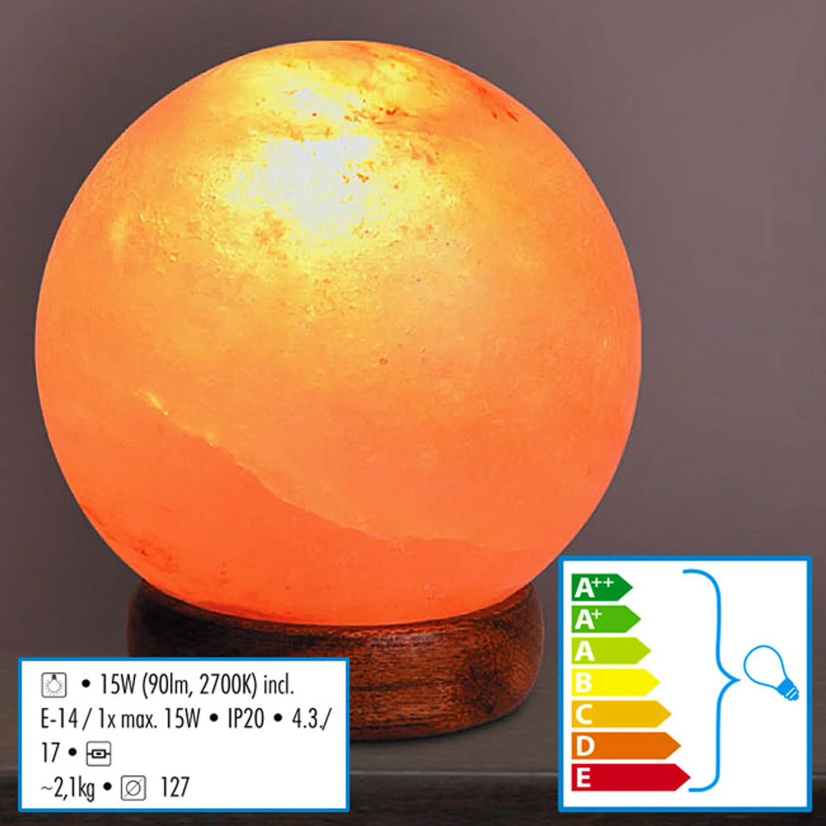 salzkristall tischleuchte kugel rund e14 orange gelb rot mit holz dunkel braun stecker 4093 ozone 