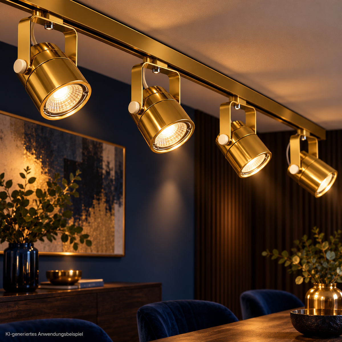 KI-generiertes Wohnbeispiel mit goldenen schwenkbaren MR16 LED Spots an einer Deckenschiene in elegantem dunkelblauem Ambiente