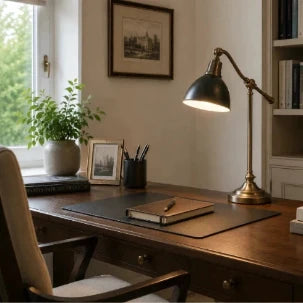 Klassische Schreibtischlampe in Schwarz und Messing auf Holzschreibtisch im stilvollen Büro